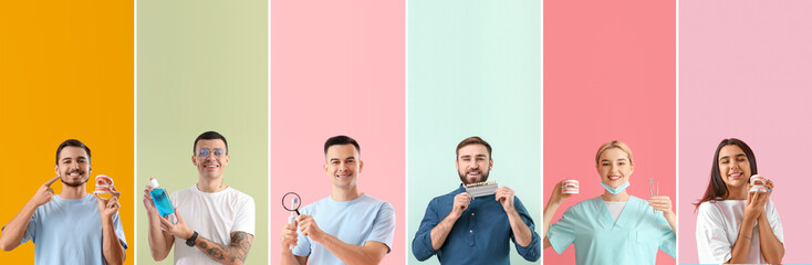 Set of people with healthy teeth on color background. Dentistry concept
