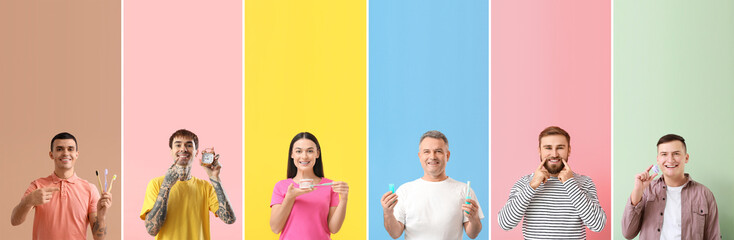Collection of people with healthy teeth on color background. Dentistry concept - obrazy, fototapety, plakaty