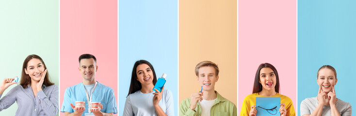 Group of people with healthy teeth on color background. Dentistry concept