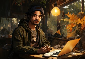 Fototapeta premium A focused man sits at a table, illuminated by the soft glow of a lamp, his face illuminated by the screen of his laptop as he carefully selects clothing for his online shopping cart