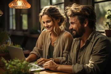 A couple sits at a table, bathed in the warm glow of a lamp, as they study the screen of their laptop, surrounded by lush houseplants and a cozy indoor setting