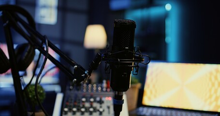 Close up shot of microphone used for podcasts, vlogging and livestreams on vlog channel. Zoom in on...