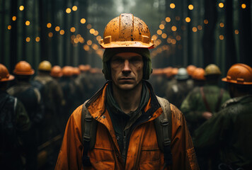 A determined man, clad in a bright orange jacket and hard hat, confidently navigates the bustling city streets, his determined expression a testament to his hard-working nature - obrazy, fototapety, plakaty