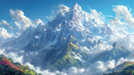 a mountain Everest lake is covered with snow with mountains around it Generative AI