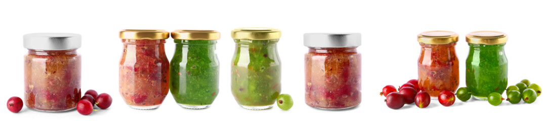 Collage of sweet gooseberry jam in jars on white background