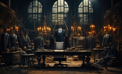 A lone mannequin stands in a dimly lit room, surrounded by opulent chandeliers and a grand table, as the bustling city streets below are bathed in the warm glow of candlelight