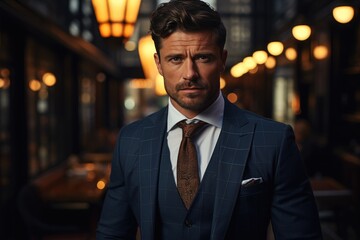 A sharply dressed gentleman stands tall in front of a dark building, exuding confidence and professionalism in his tailored suit, dress shirt, and tie