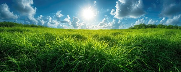 Breeze flows a grassy meadow under bright sunshine