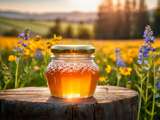 Organic golden honey in a jar in the meadow with wildflowers. - obrazy, fototapety, plakaty