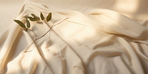 Linen Beige Folded Textile Background. Aesthetic Natural Textured Fabric, Cotton Material With Sunlight. Generative AI