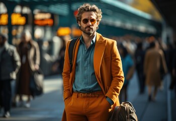 A stylish man in an orange suit and backpack walks confidently through a crowded city street, his face obscured by a jacket, blending seamlessly into the bustling urban landscape