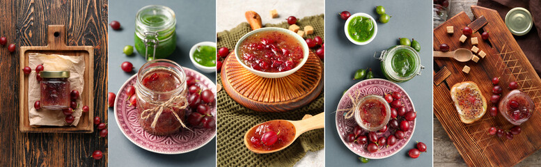 Collage of sweet gooseberry jam on table