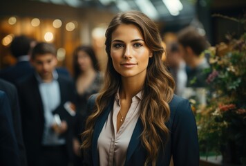 Obraz premium A fashionable woman with a bright smile stands confidently, her long brown hair cascading over her white shirt, exuding both elegance and natural beauty in an indoor setting