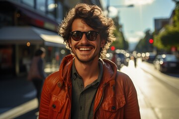 Obraz premium A stylish man smiles confidently in his sunglasses as he stands against a city street backdrop, exuding an aura of adventure and fashion