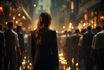 A solitary woman stands among the bustling city streets at night, her clothing illuminated by the warm glow of a single candle, as she gazes upon the busy buildings and people around her