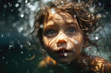 Innocent wonder fills the face of a young girl as she gazes up at the shimmering water, mesmerized by the dancing bubbles above her