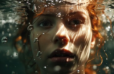 A mesmerizing portrait of a woman submerged in water, surrounded by bubbles that reflect her inner beauty and grace