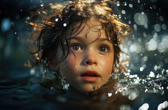 A youthful portrait captures the pure joy and innocence of a young girl swimming gracefully in the crystal clear water, her radiant face reflecting the beauty and freedom of childhood