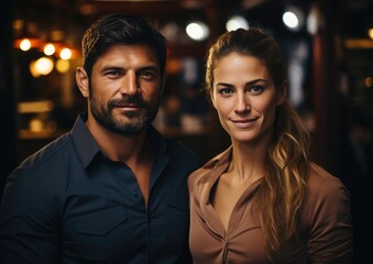 A stylishly dressed man and woman share a joyful moment as they smile for the camera, their human faces framed by the man's bushy beard and raised eyebrow, captured in an indoor setting