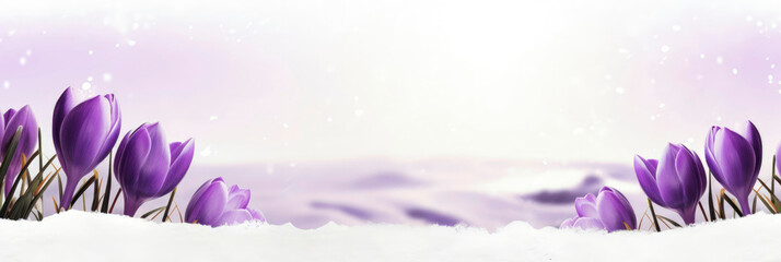 Purple crocuses in snow. Copy space. Purple crocuses emerging from under snow in early spring closeup with room for text. Banner with flowers. Greeting card template.