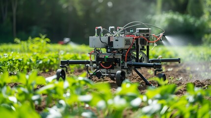 smart robotic farmers in agriculture futuristic robot automation to work to spray chemical fertilizer or increase efficiency