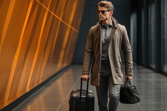 A stylish man in a leather trench coat stands confidently against an indoor wall, sunglasses on and suitcase in hand, exuding an air of street fashion and sophistication