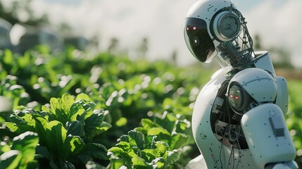 Smart robotic farmers in agriculture futuristic robot automation to vegetable farm 