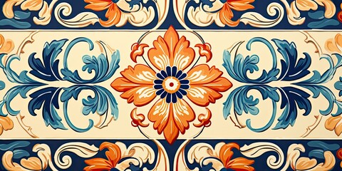 Elegant vintage pattern of ceramic tiles with Tuscany flowers, beautifully colored background for design and fashion, decorated with ornate floral elements, reflecting Tuscany or Italian style.