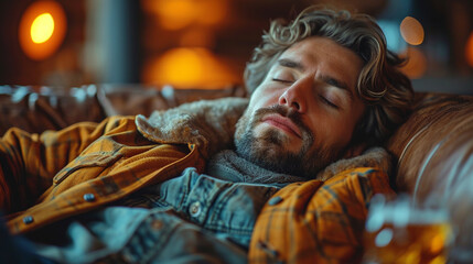 Obraz premium Drunk, sleeping man, drunkenness