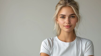 Pretty blonde female standing and looking at the camera, wearing long white cotton T-shirt, white shirt mockup, white background - obrazy, fototapety, plakaty