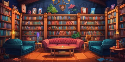 Illustration of an upscale library with a cozy seating area and bookshelves, depicted in a cartoon style. - obrazy, fototapety, plakaty
