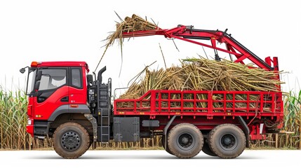 Sugarcane harvester truck agricultural machinery, Sugarcane harvester cut into pieces red new machine isolated on white background. This has clipping path. 
