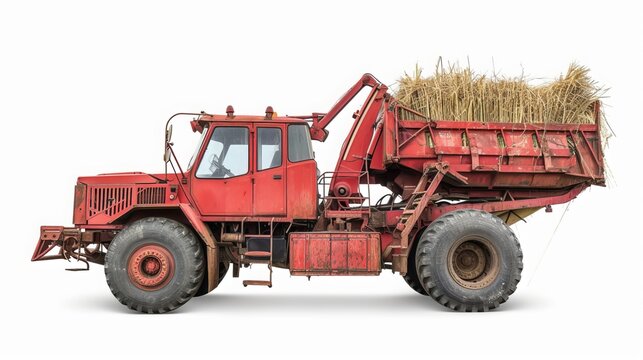 Sugarcane harvester truck agricultural machinery, Sugarcane harvester cut into pieces red new machine isolated on white background. This has clipping path. 
