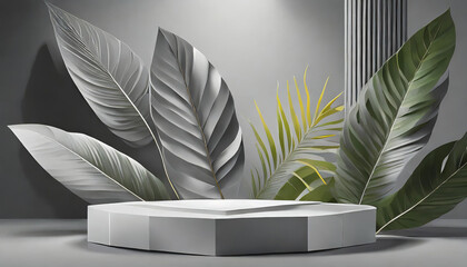 3d gray background product display podium scene with leaf geometric platform. grey background vector 3d render with podium. stand to show cosmetic product.