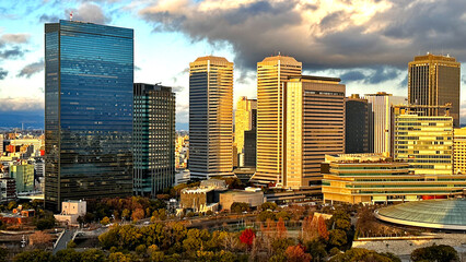 High angle view of Osaka with tall buildings