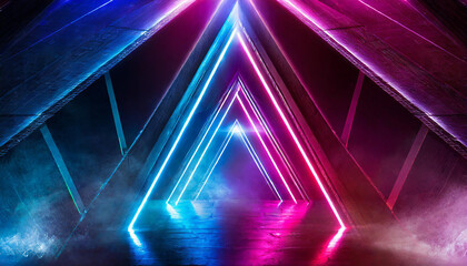 Neon light abstract background. Triangle tunnel or corridor pink blue neon glowing lights. Laser lines and LED technology create glow in dark room. Cyber club neon light stage room