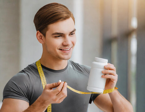 Athletic man with supplements and measuring tape indoors, closeup. Weight loss