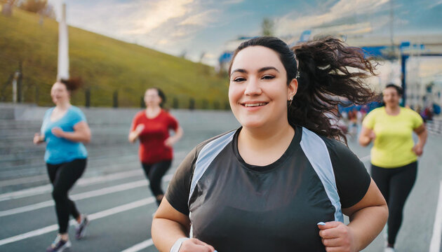 Portrait of a Smiling Plus Size Female Runner Crossing the Finish Line and Demonstrating her Willpower. Friendly City Marathon Audience Being Supportive