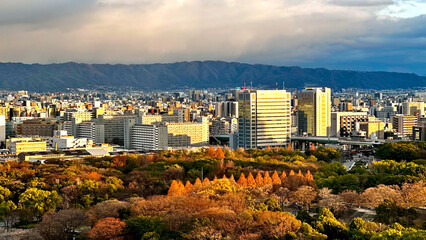 High angle view of Osaka with trees and mountains in the background