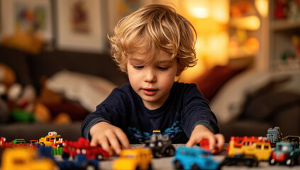young boy playing with his toy vehicles in the room Generative AI - obrazy, fototapety, plakaty