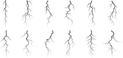 Vector lightning silhouettes set. Thunderstorm design. Vector illustration