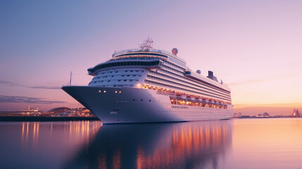 A modern, white cruise ship near the pier at sunset, side view. Travel and vacation