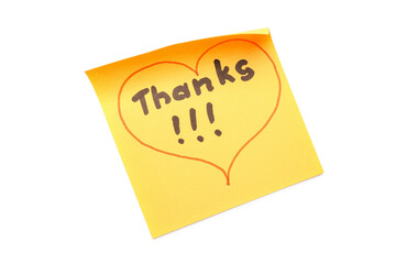 Sticky note with word THANKS, exclamation marks and drawn heart on white background