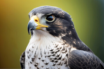 Close up macro of peregrine falcon, bird of pray on blurred background