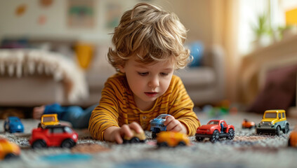 young boy playing with his toy vehicles in the room Generative AI
