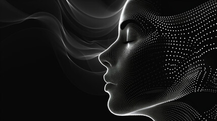 The face of a woman brought to life with points of white light against a sleek black background, capturing the essence of luminous allure