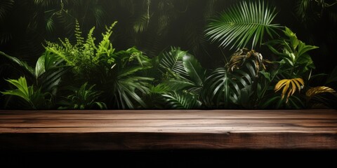 Tropical plants, palms, and jungle as backdrop for wooden table.