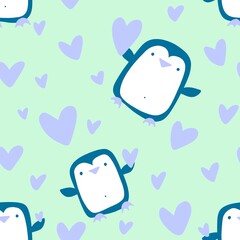 Valentines hearts seamless penguin and love pattern for wrapping paper and fabrics and linens and kids clothes