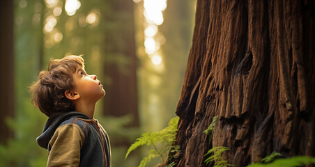 Young boy outdoors in forest looking up at giant Redwood tree. - obrazy, fototapety, plakaty