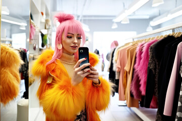 A young woman in Y2K vibes, with vibrant pink colored hair, tries on a faux fur bright orange jacket in a clothing store. Taking a selfie with a smartphone for a social media. Copy space. Horizontal - obrazy, fototapety, plakaty